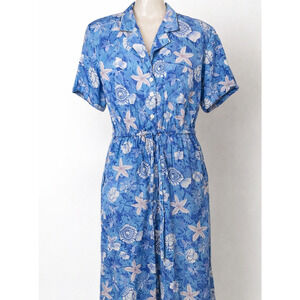Vintage Leslie Fay Petite Shirt Dress Sz 6 Blue Seashell Print Shell Buttons 41